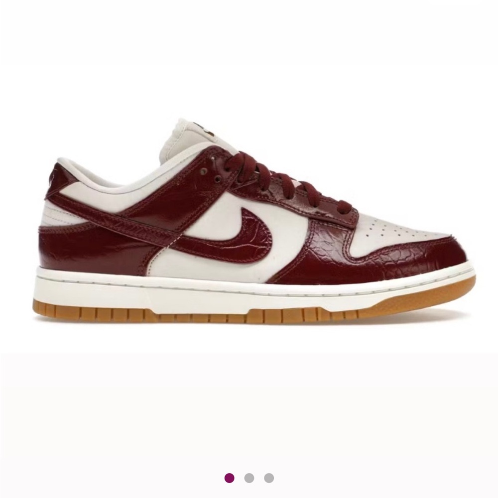 Nike women’s Dunk Low in Croc Leather. Burgundy and White. Size 6